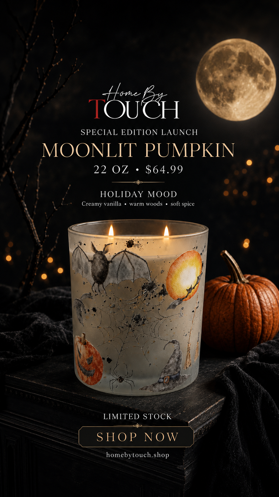 Moonlit Pumpkin 22 oz Illuminated Halloween Soy Candle - Holiday Mood