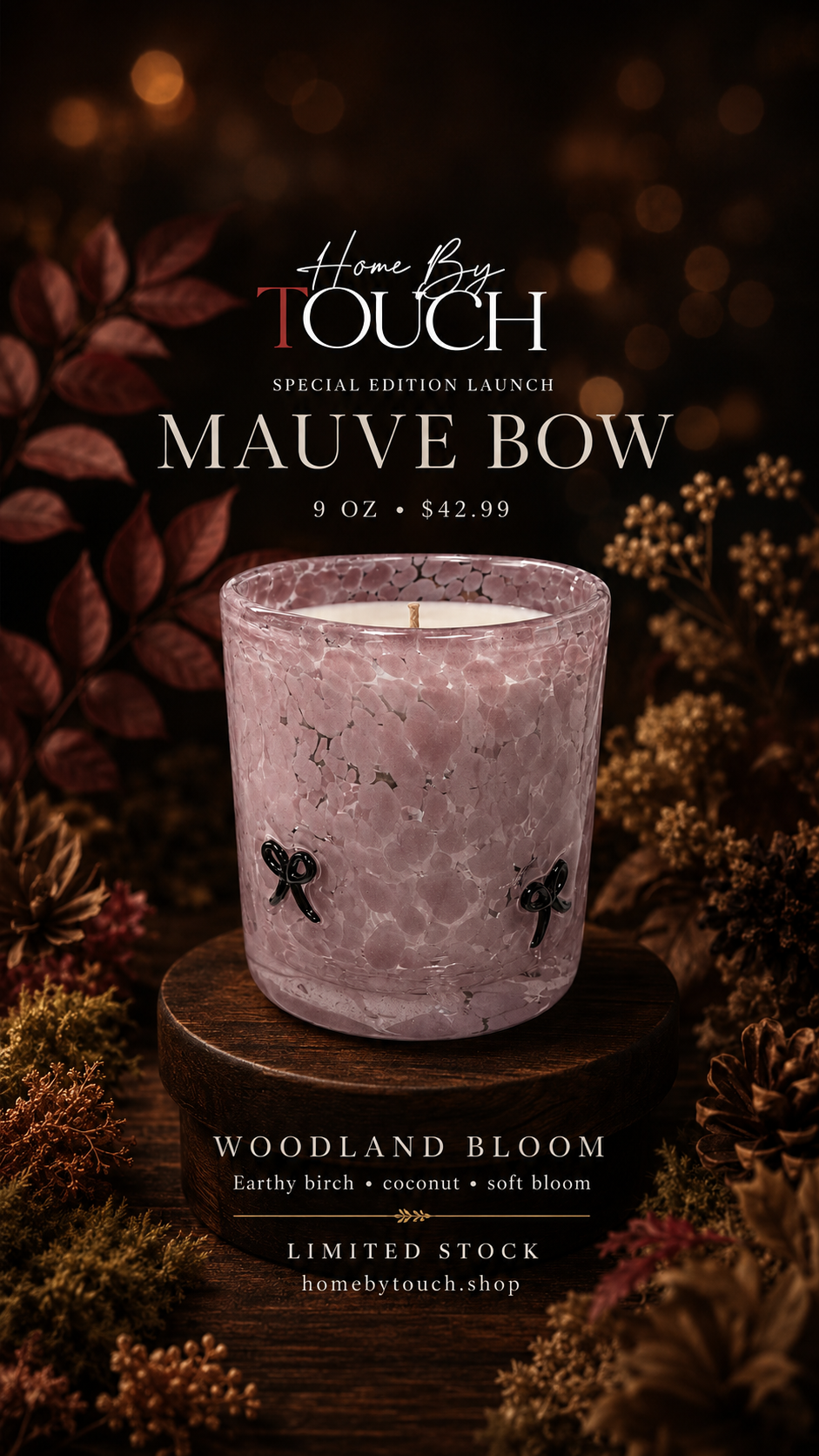 Mauve Bow 9 oz special-edition pink soy candle by Home By TOUCH alternate view