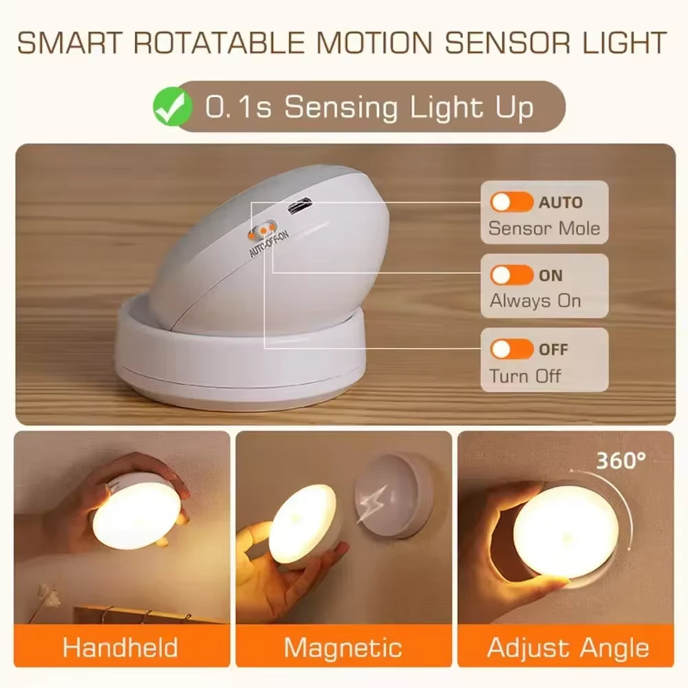 Rechargeable Wireless LED Night Lamp with Motion Sensor and 360-Degree Rotating Magnetic Base for Kitchen and Bedside Use