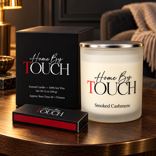 Smoked Cashmere — Luxury Soy Candle in a styled candle product photograph