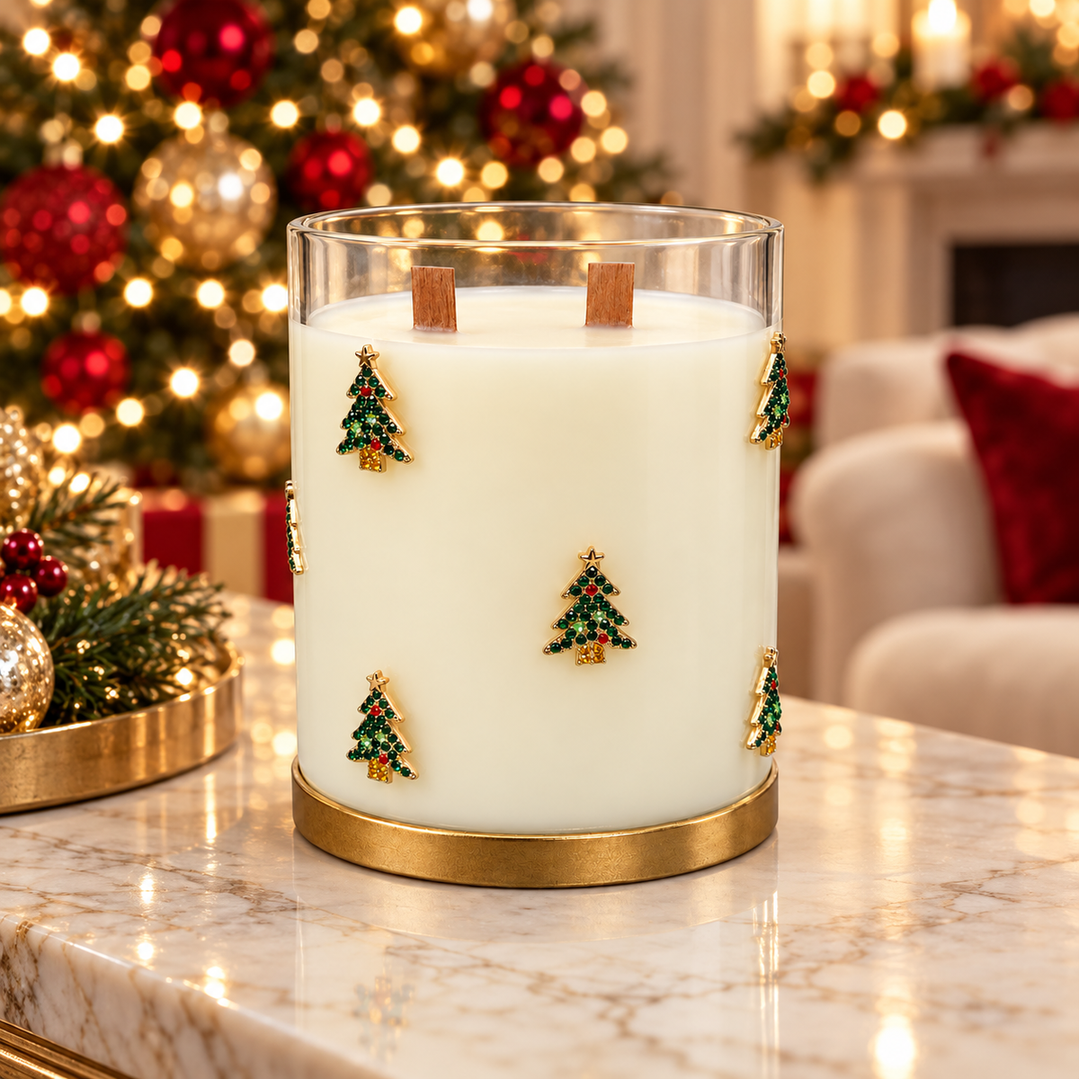 Sweet Christmas Holiday Wood-Wick Candle — Jeweled Christmas Trees in a holiday setting