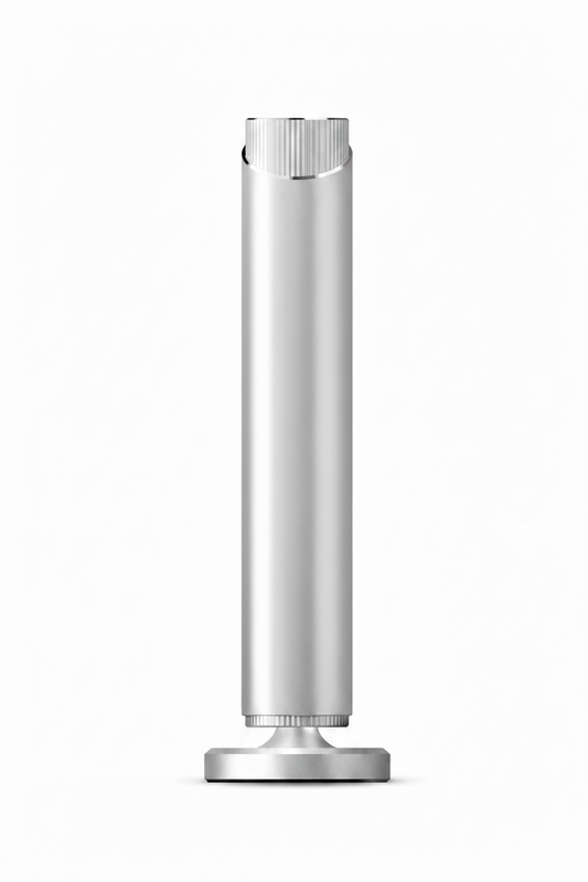 Silver cylindrical product on a white background