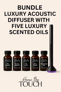 Set of five luxury scented oils with a diffuser on a white background