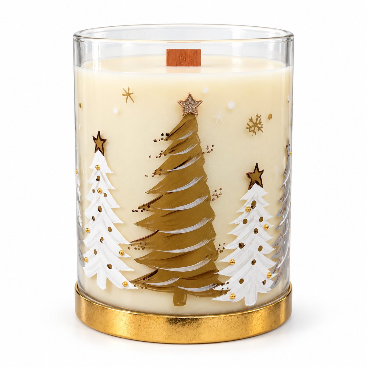 A Man’s Holiday gold and white forest tree candle on white
