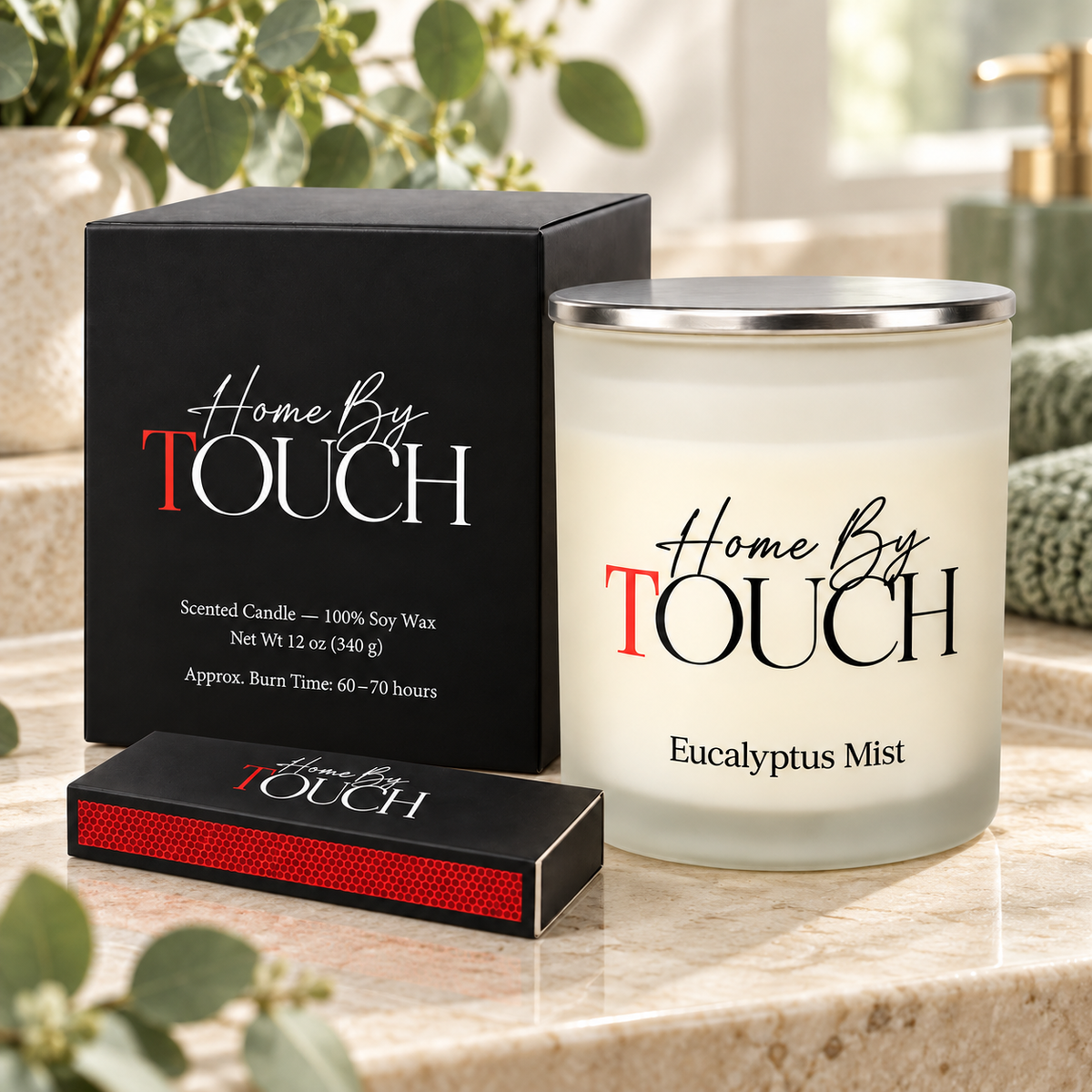 Eucalyptus Mist — Luxury Soy Candle in a styled candle product photograph