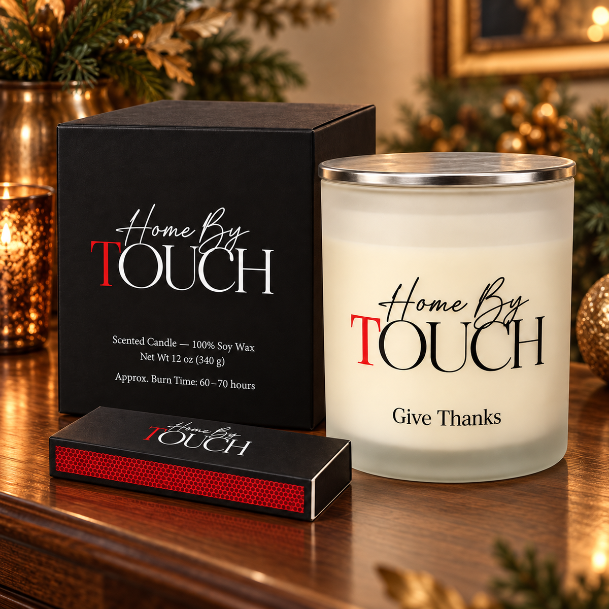 Give Thanks – 12 oz Luxury Soy Candle, Bold Masculine Scent in a styled candle product photograph