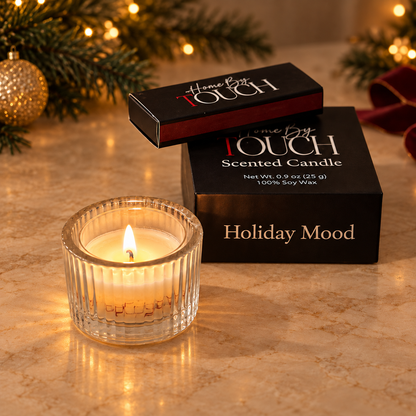 Holiday Mood tea light, glass holder and Home By TOUCH luxury matchbox in an elegant evening holiday setting.