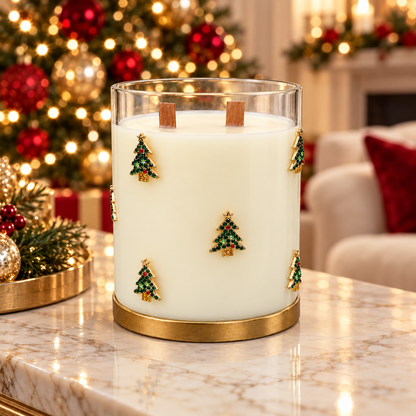 Sweet Christmas Holiday Wood-Wick Candle — Jeweled Christmas Trees in a holiday setting