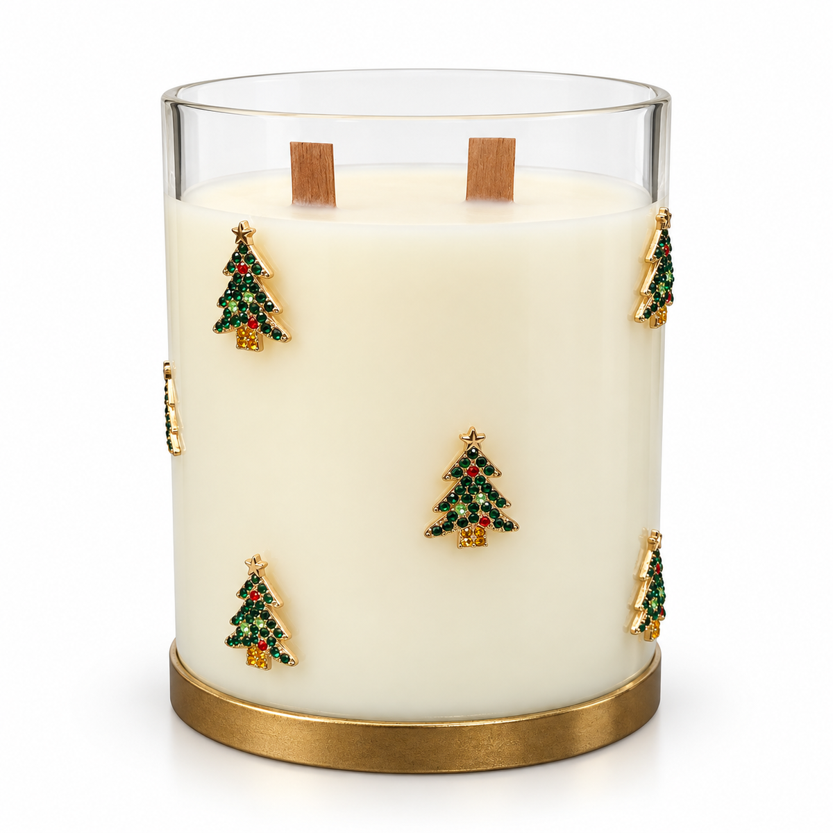 Sweet Christmas Holiday Wood-Wick Candle — Jeweled Christmas Trees on a white background