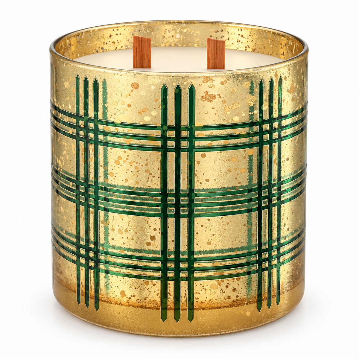 Traditional Pine green and gold plaid holiday candle on white