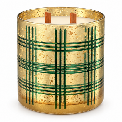 Traditional Pine green and gold plaid holiday candle on white