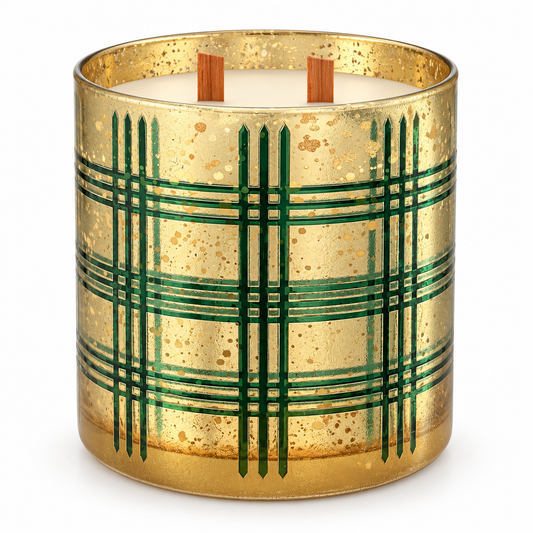 Traditional Pine green and gold plaid holiday candle on white