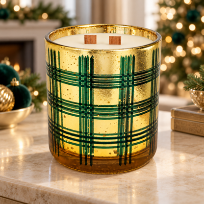 Traditional Pine 22 oz Holiday Wood-Wick Candle — Green & Gold Plaid in a holiday setting