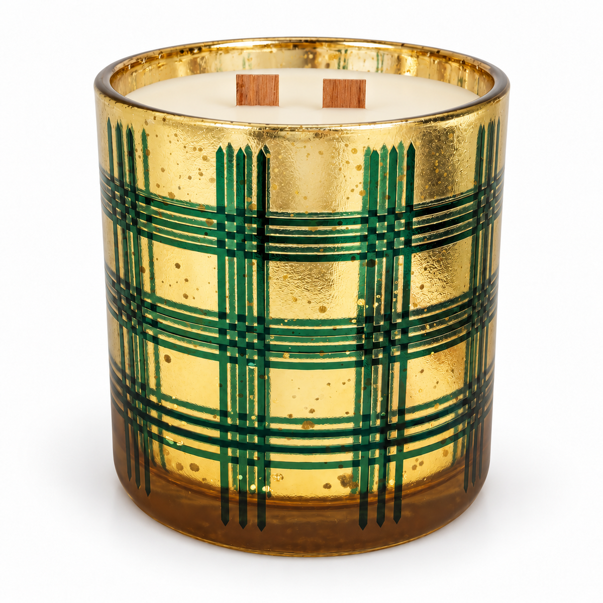 Traditional Pine 22 oz Holiday Wood-Wick Candle — Green & Gold Plaid on a white background
