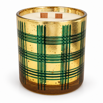 Traditional Pine 22 oz Holiday Wood-Wick Candle — Green & Gold Plaid on a white background